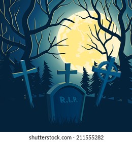 Scary vector halloween background with old graveyard, full moon and trees