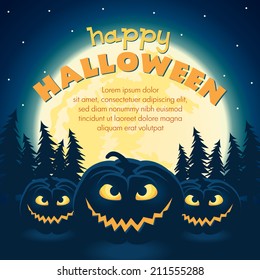Scary vector halloween card with pumpkins and full moon on dark blue forest background