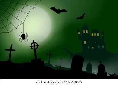 Scary vector halloween landscape with a haunted house, a graveyard and a spider in full moon.