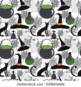 Scary vector Halloween seamless pattern. Pot with potion, spider's web background, cat, ghost, grave, bottle. Design for Halloween decor, textile, wrapping paper, wallpapers, sticker, greeting cards.