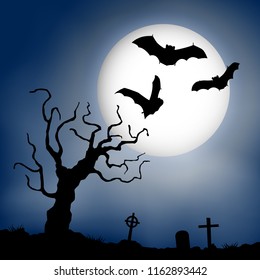 Scary vector haloween landscape with a graveyard and flying bats in full moon.