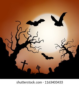 Scary vector haloween landscape with a graveyard and flying bats in full moon.