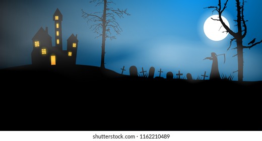 Scary vector haloween landscape with haunted house, graveyard and a death with scythe in full moon.