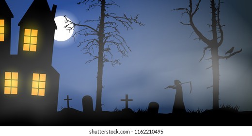 Scary vector haloween landscape with haunted house, graveyard and a death with scythe in full moon.