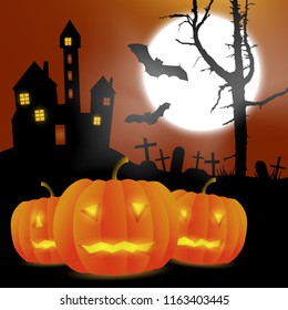 Scary vector haloween landscape with haunted house, graveyard and carved pumpkins in full moon.