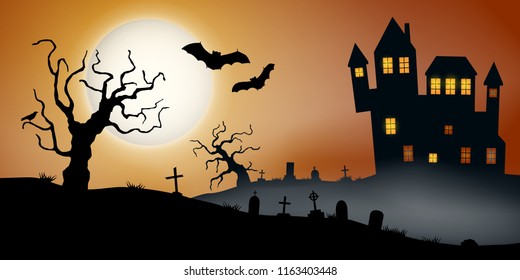 Scary vector haloween landscape with a haunted house, a graveyard and flying bats in full moon.