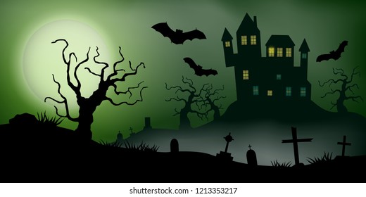 Scary vector haloween landscape with a haunted house, a graveyard and flying bats in full moon.