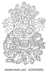 Scary vector illustration with skull in Santa Claus hat and Christmas and New Year symbols - gifts, decorations. Happy Krampus or Halloween concept, black and white line art for coloring page. 