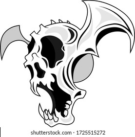 A scary vector skull with an open mouth, spines, and wings. Vector illustration on the theme of horror on a white isolated background. The theme for the tattoo.