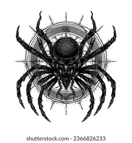 Scary vector spider tattoo. Black spider on spider web and white background. 