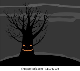 Scary vector tree with a smile. Dark Halloween background.