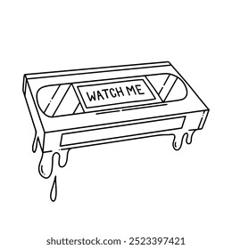 Scary video tape. Vector line hand drawn illustration for your halloween designs. Watch me