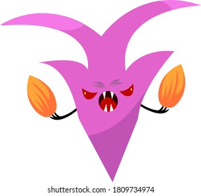 Scary Violet ghost holds bright orange flames. Object on white background. Halloween and mysticism concept