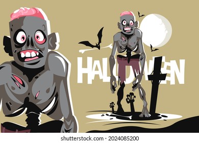 Scary walking zombie character vector illustration. Flying bats and creepy atmosphere on cemetery flat style. Happy halloween holiday concept. Isolated on green background