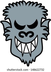 Scary werewolf face with sharpen teeth, pointy ears and messy furry while smiling maliciously