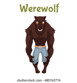 Scary werewolf, Halloween costume idea, cartoon style vector illustration isolated on white background. Frightening werewolf, shape shifter, traditional symbol of Halloween and fairytale character