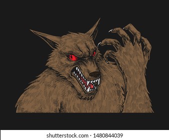 Scary Werewolf, Hand Drawn Illustration, Halloween Sketch, Isolated Vector