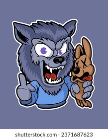 Scary Werewolf holding doll. Spooky Horror Cartoon Creature Character Illustration.