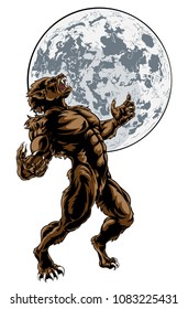 Scary werewolf wolf man horror monster howling against a full moon in the background