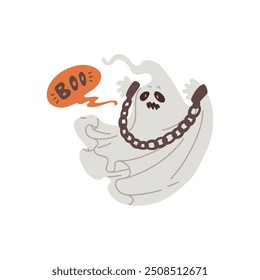 Aterrador fantasma volador blanco traqueteo cadenas con texto Boo. Aterrador personaje de Halloween. Espíritu maligno con grilletes. Truco o trato. Estilo de dibujos animados. Ilustración vectorial aislada sobre fondo blanco.