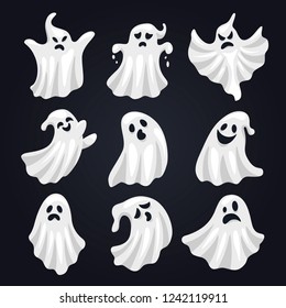 Scary white ghost horror set for halloween. Frightening and funny monster, causing fear. Vector flat style cartoon illustration isolated on black background