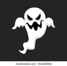 Scary white ghost vector flat illustration isolated on black background. Spooky character for Halloween night celebrating. Phantom silhouette, creepy monster, mystic creature, white flying spirit.