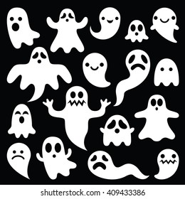 Scary white ghosts design on black background - Halloween celebration