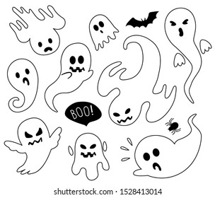 Scary white ghosts. Halloween celebration. Ghostly monster with Boo scary face shape. 