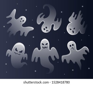 Scary white ghosts. Halloween celebration. Ghostly monster with scary face shape. 