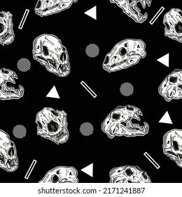 scary white head skull seamless pattern white object wallpaper on black background.