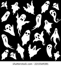 Scary white spooky ghost set design on black background, Halloween celebration