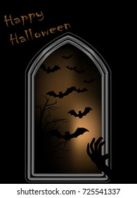 Scary window with bats and witches hand
