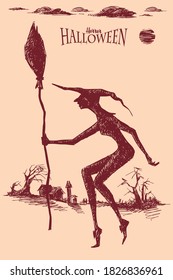 Scary witch with a broom on the background of the village and the sky with clouds and moon, hand-drawn.