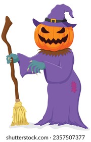 Scary witch cartoon with pumpkins, isolated on white background