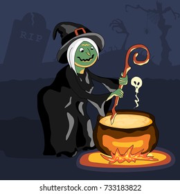 Scary witch cooking poison in cauldron at Halloween night