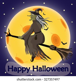 The scary witch flying on a broom on background of the moon