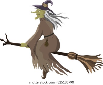 The scary witch flying on a broomstick