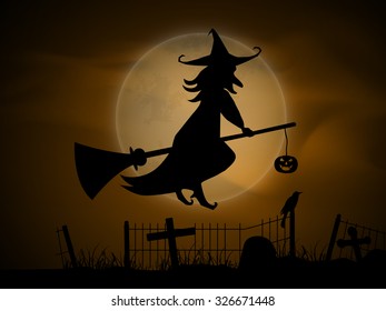 Scary witch flying on horn broom for Happy Halloween party celebration.