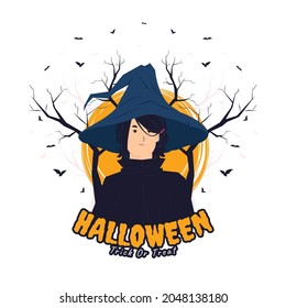 Scary witch girl with black cloak and angry expression on halloween concept illustration