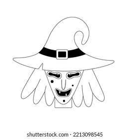 Scary witch. Halloween spooky cartoon character isolated on white background. Black outline. Sticker, print on clothes, notebooks and phone cases. Vector illustration