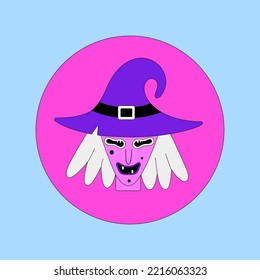 Scary witch. Halloween spooky cartoon character in circle on blue background. Flat style with black outline. Posrer, postcard, print on clothes. Vector illustration