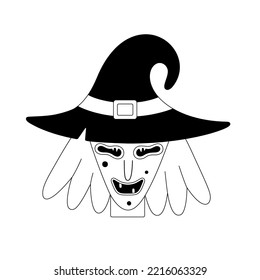 Scary witch. Halloween spooky cartoon character isolated on white background. Black outline. Sticker, print on clothes, notebooks and phone cases. Vector illustration