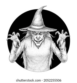 Scary Witch, Hand Drawn Pointillism Illustration, Isolated Vector, Halloween