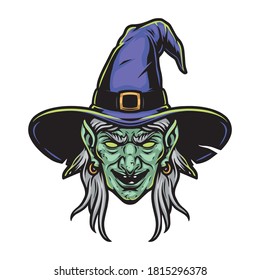 Scary witch head in purple hat in vintage style isolated vector illustration