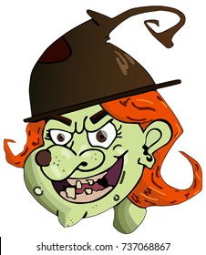 scary witch head with red hair and hat