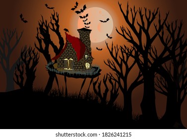 Scary witch hut scene on a spooky afternoon for greeting card, invitations, website designing.