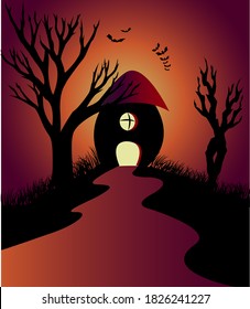 Scary witch hut scene on a spooky afternoon for greeting card, invitations, website designing.