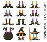 Scary witch legs. Halloween witches leg stockings and striped dress socks with broom. Vintage witchcraft cauldron and feet boots for party invitation card, cartoon vector isolated icon set