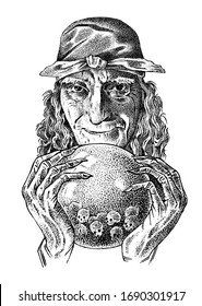 Scary Witch With A Magic Crystal Ball. Old Woman Or Crone. Ancient Mythical Characters Set. Engraved Monochrome Sketch. Hand Drawn Vintage Fortune Illustration.