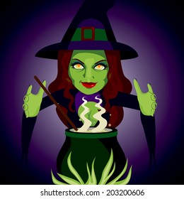 Scary witch making sorcery spells and potions with her magic cauldron
